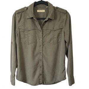 Guess Utility Button Down Shirt Lyocell Olive Army Green Long Sleeve Small